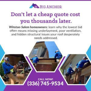 Big Anchor Roofing team working on gutters and roof repairs, advising Winston-Salem homeowners against cheap quotes that hide structural damage.