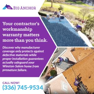 Roofing crew installing CertainTeed shingles, emphasizing the importance of a contractor workmanship warranty for a Winston-Salem home.