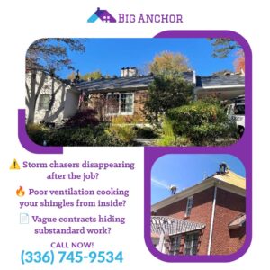 Roofing crew working on a residential home after storm damage, highlighting issues like "storm chasers" and poor roof ventilation.